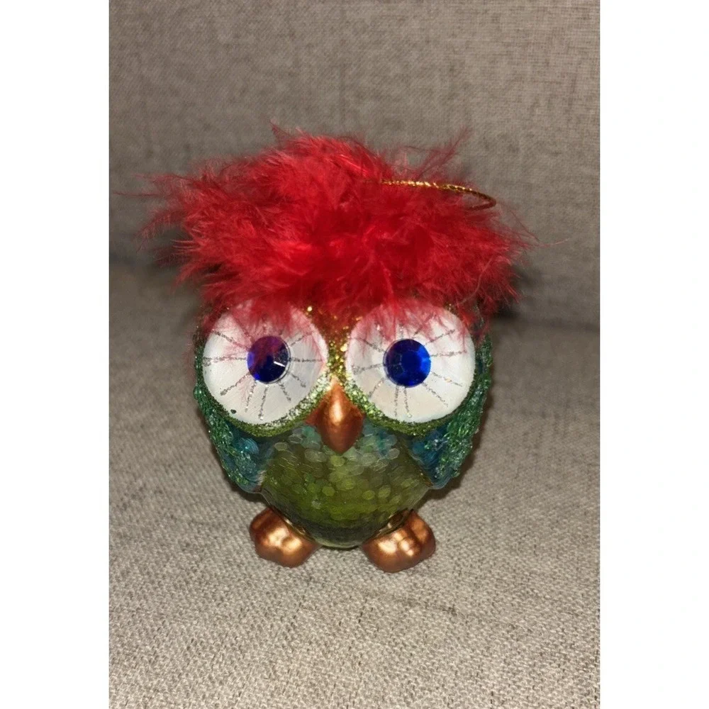Pier 1 Owl Glass Christmas Ornament Big Eyes Red Hair